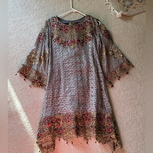 Purplish-Gray Shalwar Kamiz with cold-shoulder style sleeve